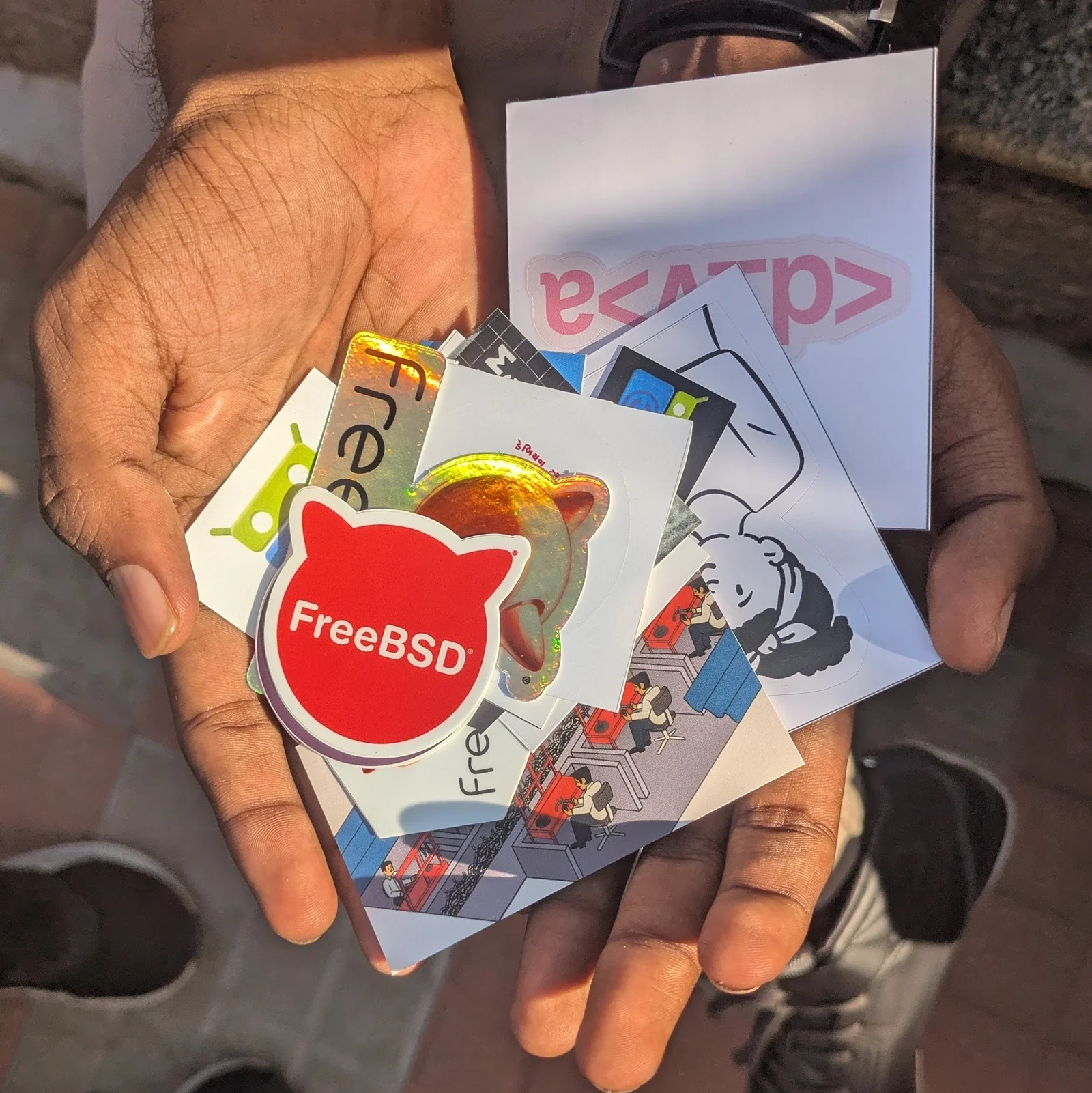 A handful of stickers, with a FreeBSD devil on top.